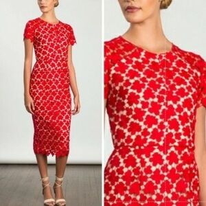 SHOSHANA Red Beaux Lace Midi Dress